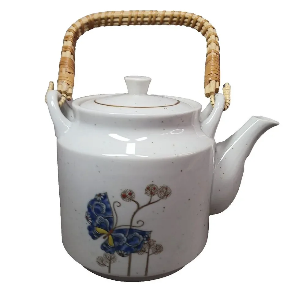 Otagiri Butterfly Tea Pot Ratten Handle Ceramic Vintage MCM Boho Japan
